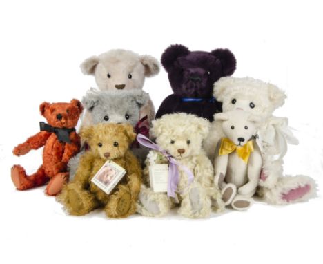 Eight Teddy Bears made for Asquiths of Henley: including four Friends For Life; a purple dralon bear; and a pink mohair bear