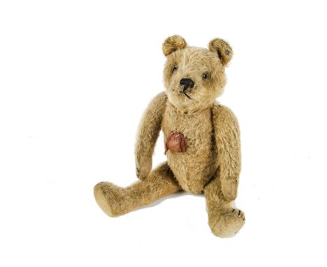 A rare FADAP (French) Teddy Bear with button, circa 1930, with cinnamon mohair, clear and black glass eyes with remains of br