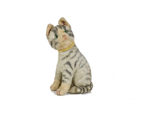 An unusual 1940s Steiff artificial silk plush Susi tabby cat, with green and black glass eyes, pink stitched nose and mouth, 