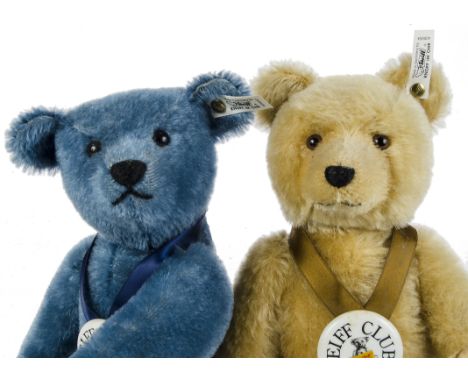 Two Steiff Club Editions: a blue Teddy Bear 1908, 1994/95, No. 2823 for the year; and a Baby Bear 1946, 1995/96, No.9183 for 