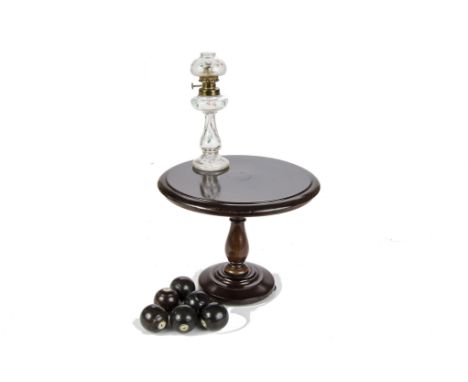 A doll’s mahogany circular pedestal table, with turned support on circular base with bun feet - 7½in. (19cm.) high; an oil la