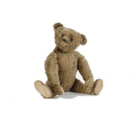 An early Steiff brown mohair Teddy Bear, circa 1908, with black boot button eyes, pronounced clipped muzzle, remains of black