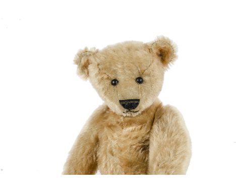 A early Steiff blank button Teddy Bear, circa 1905, with apricot mohair, black boot button eyes, pronounced muzzle, black sti