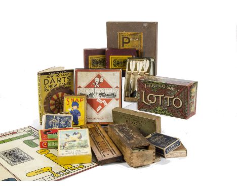 Various games: a bone domino set in mahogany box; two inlaid cribbage boards, various card games and other items (as found)