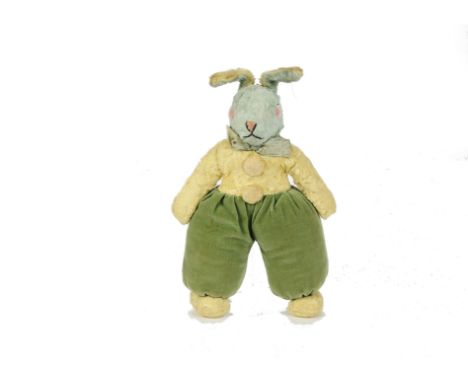 A fine and unusual Chad Valley Dutch rabbit, 1930s, with green and yellow artificial silk plush, black, white and pink felt d
