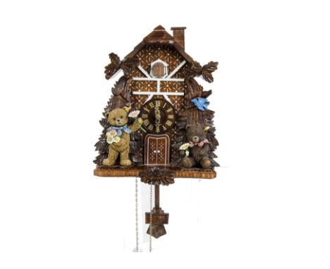 A Steiff for Danbury Mint Cuckoo Clock, carved linden wood, resin Steiff Bears and weight activated mechanism with certificat