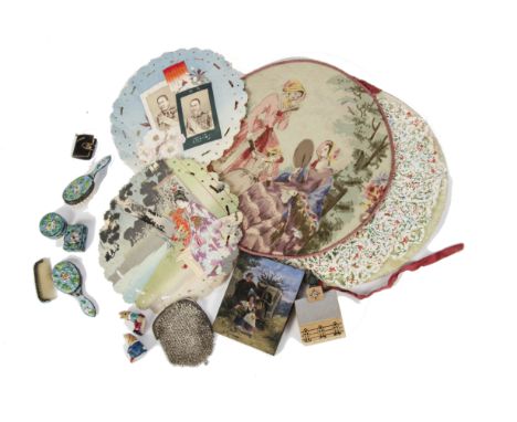 A set of Japanese crêpe paper doilies, a Chinese enamel doll’s dressing table set; a miniature Player’s cigarettes; an oil pa