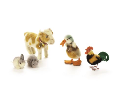 Steiff post - war farm animals: a mohair Rooster with metal legs - 3in. (7.5cm.) high; a woolen rabbit with button and mouse;