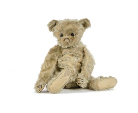 An early Steiff Teddy Bear with blank button, circa 1905, with blonde mohair, black boot button eyes, pronounced clipped muzz