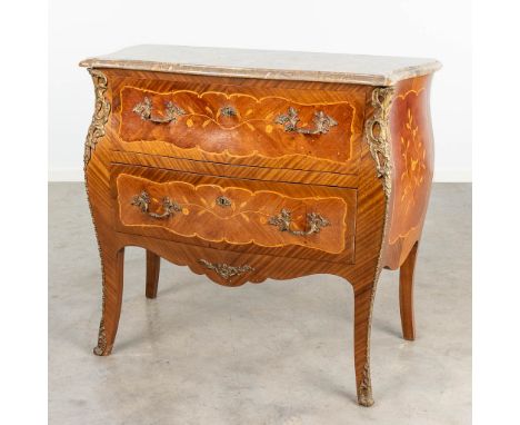 A commode decorated with marquetry inlay finished with a marble top and mounted with bronze. With a secretaire drop leaf door