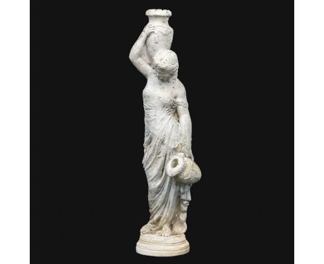 A white-patinated concrete garden statue of a lady with a water jug. The second half of the 20th century. (40 x 40 x 140cm)