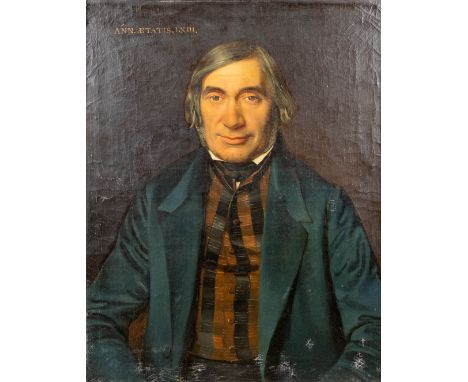 An antique portrait of a notable, no signature found. Oil on canvas.ÊMarked "ann aetatis LXIII'. Framed in an empire frame, o