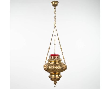 An antique sanctuary lamp / eternal light made of copper and decorated with angels. Circa 1900. (75 x 28cm)