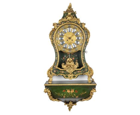 A Cartel clock with console finished with gilt bronze in Louis XV styleÊand hand-painted flower decor. Around 1900. (52 x 115