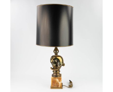 Deknudt, aÊtable lamp with a brass horse headÊin Hollywood Regency style. Around 1970. (93cm)