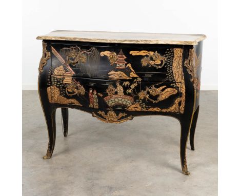 A black commode with Chinese decor finished with a marble top and mounted with bronze in Louis XV style. Circa 1950. (51 x 10
