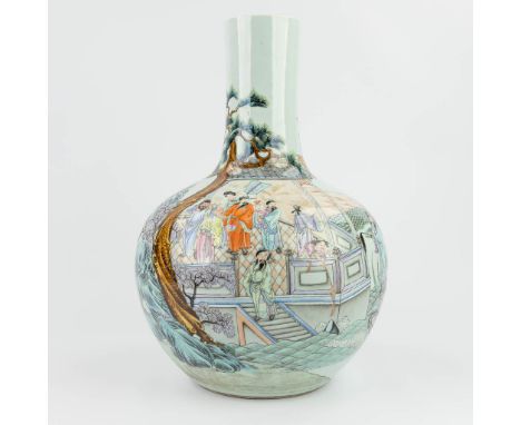 A Chinese ball vase made of glazed porcelain and marked Qianlong, decorated with wise men in the garden and on a boat. 19th/2