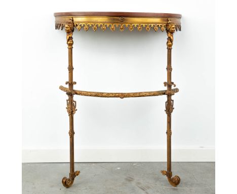 A wall console made of metal in Louis XVI style, with a wood top. DecoratedÊwith figurines and ornaments. 19th century. (27 x