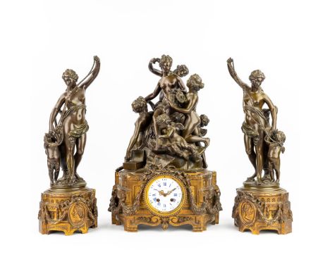 A three-piece neoclassical mantle garniture clock decorated with ladies and putti, made of patinated and gilt bronze. Clock m