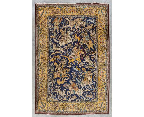 A figurative OrientalÊhand-made carpet 'Hunting Scene'. Kashmir. (203 x 137 cm) 