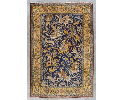 A figurative OrientalÊhand-made carpet 'Hunting Scene'. Kashmir. (203 x 137 cm) 