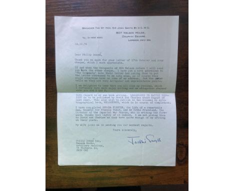 WW2 Hand Signed Letter Sir John Smyth VC and his Milestones hardback book. The 1974 letter on his personal stationary to Hans
