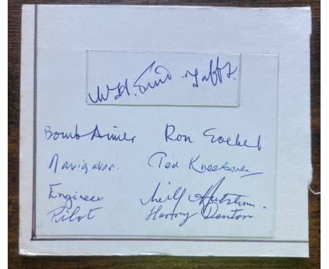 WW2 Flt Sgt George Thompson VCs bomber crew signed card. Autographed by Pilot Harry Denton DFC, Bomb Aimer Ron Goebel, Naviga