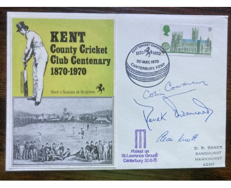 Cricket legends Colin Cowdrey, Alan Knott and Derek Underwood signed rare 1970 Kent County Cricket Centenary FDC. Good condit