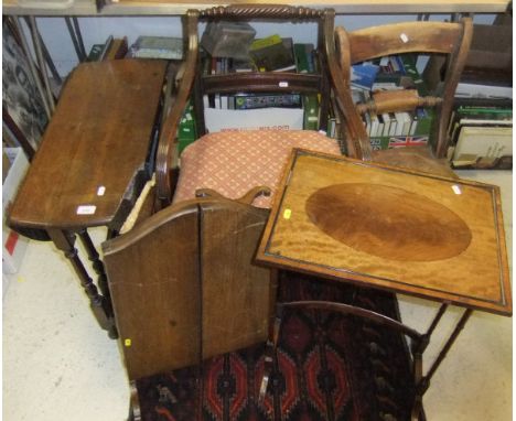 An oak gateleg side table on turned legs, an oak bar back chair, a mahogany rectangular coffee table, and a three part dressi