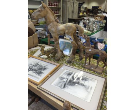 CHARLES M UPTON "English Setter", ceramic sculpture, "Pony", plaster figure, "Stoat", brass figure, together with "Girl in wo