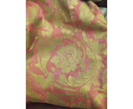 Four pairs of cotton interlined curtains, the burgundy ground with Classical gold floral sprays, together with tie backs and 