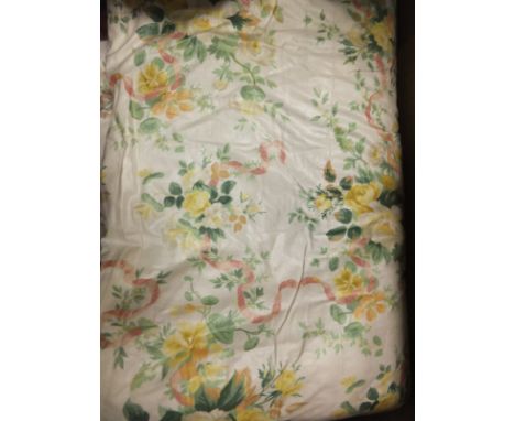A pair of Warner Fabrics glazed cotton interlined curtains decorated with yellow rose posy sprays and pink ribbons with match