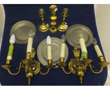 Three brass candlesticks, a pair of brass three branch electric light fittings and a sewing basket and contents of pewter pla