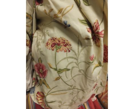 Two pairs of cotton lined curtains, the cream ground with floral multi-coloured design CONDITION REPORTS Approx 32" wide x 64
