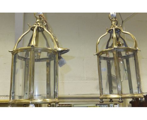 Five similar brass and glass ceiling light fittings CONDITION REPORTS Height of each approx 33 cm excluding chain.  All with 