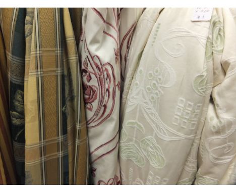 Two pairs of cotton interlined curtains of Mackintosh style design, the white ground with green highlights, together with a f