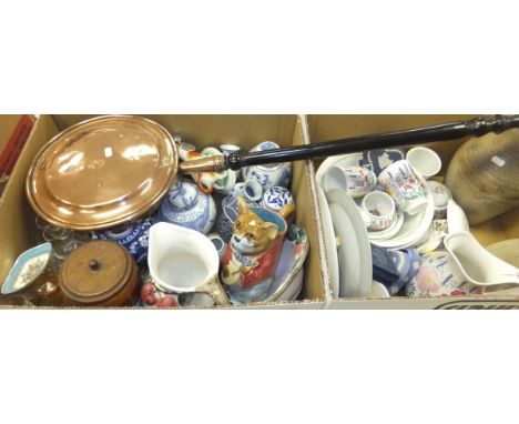 Two boxes of miscellaneous china, glass and metalwares to include a collection of The National Trust "Hidcote"pattern decorat