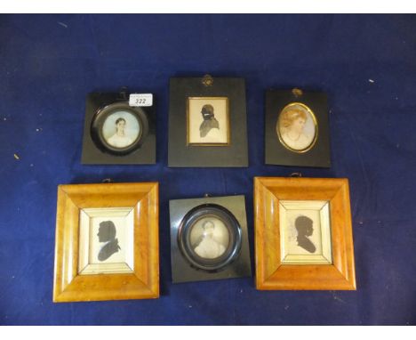 A collection of three mid 19th Century portrait miniatures of young women on ivory panels, set within ebonised frames, togeth