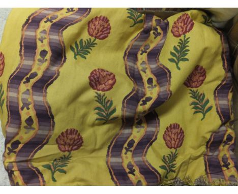 Four pairs of cotton interlined curtains, the mustard ground decorated with purple ribbon and stylised red and green flowers 