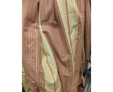 Two pairs of cotton interlined curtains of cream and red striped design, together with a box containing a striped tab top cur