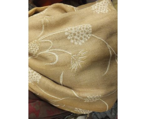 Two pairs of hessian curtains with printed alium design, together with a single blue and cream embossed curtains, various cre