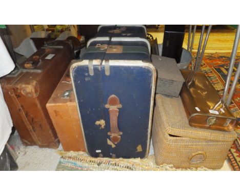 A copper motoring foot warmer, a vintage wicker basket with metal clasp, a galvanised bucket, an ebonised box, two vintage ti