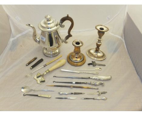 A plated coffee pot, two plated candlesticks, ivory handled dish holder, plated marrow scoop, silver jam spoon, ivory handled