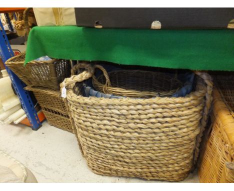 A collection of six various baskets, to include log baskets, wicker hamper, etc, together with various roller blinds and tenn