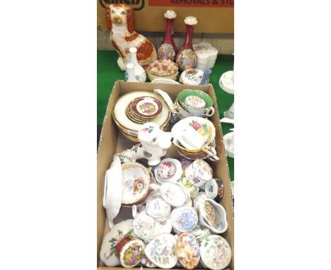 A large collection of decorative china wares to include trinket dishes, cups and saucers, vases, Staffordshire pottery spanie