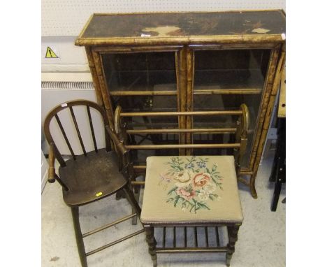 A Victorian bamboo framed glazed three shelf book case, a child's mahogany three shelf book case, a child's mahogany high cha