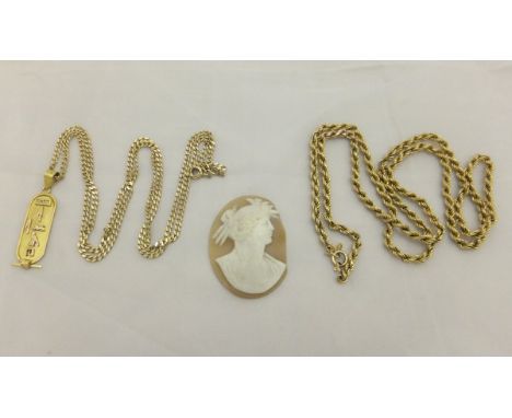 Two 9 carat gold chains, together with a cameo CONDITION REPORTS Cameo with damage and losses (please see photos).  Chain wit