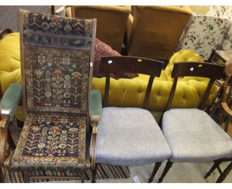 A mahogany framed folding armchair, a modern cherrywood effect CD rack, and two mahogany framed dining chairs on turned front