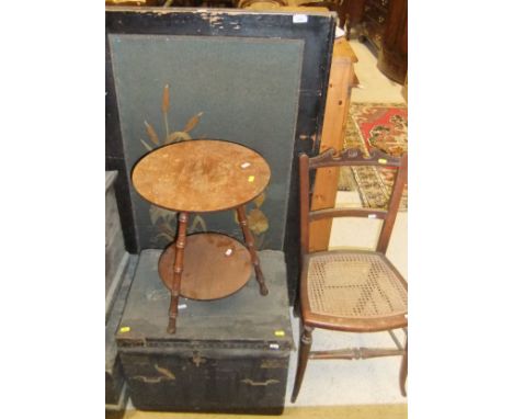 A needlework screen, a two tier circular coffee table, a black leather covered trunk, the top inscribed "R.R. OBE", the inter