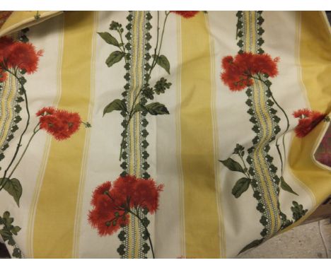 Two pairs of cotton lined curtains with mustard and cream stripe ground and red floral sprays, together with a box containing